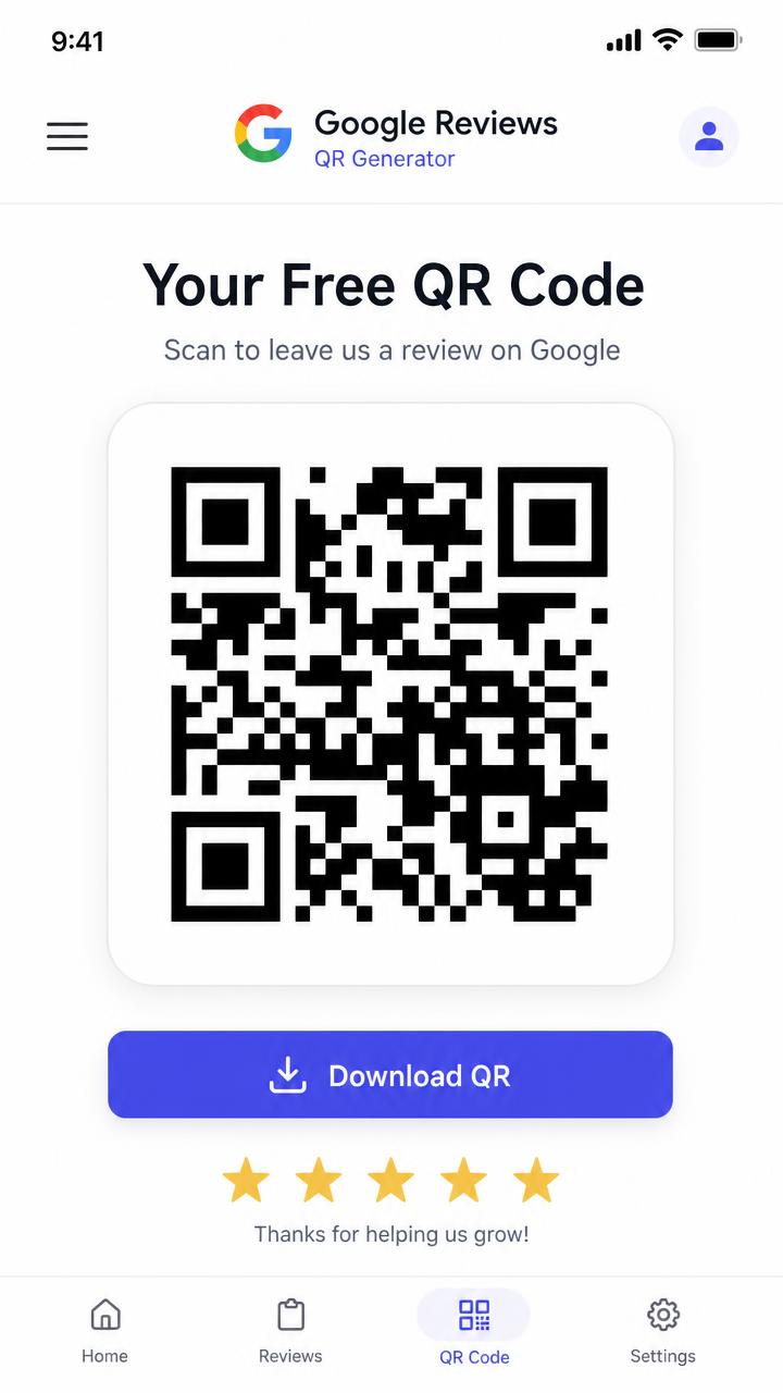 NPSmax Free app screen showing a generated Google review QR code with a download button